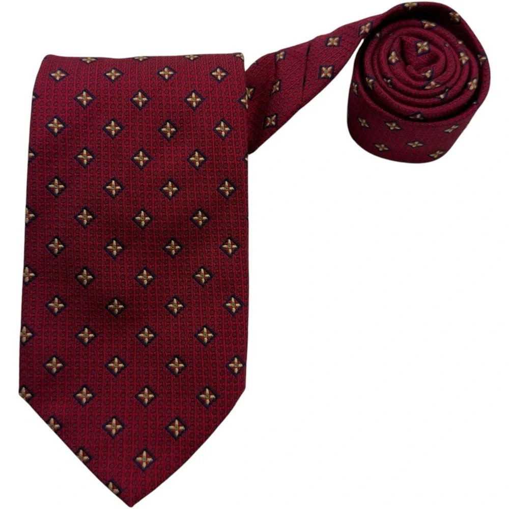 Holland & Sherry Pure Silk Neck Tie Red Blue Yellow Embroidered Squares 3.5x5 US